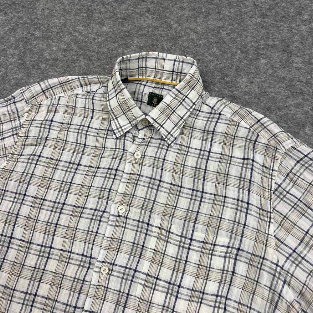 Robert Talbott Shirt Mens L White Plaid Linen Button Up Classic Casual Summer